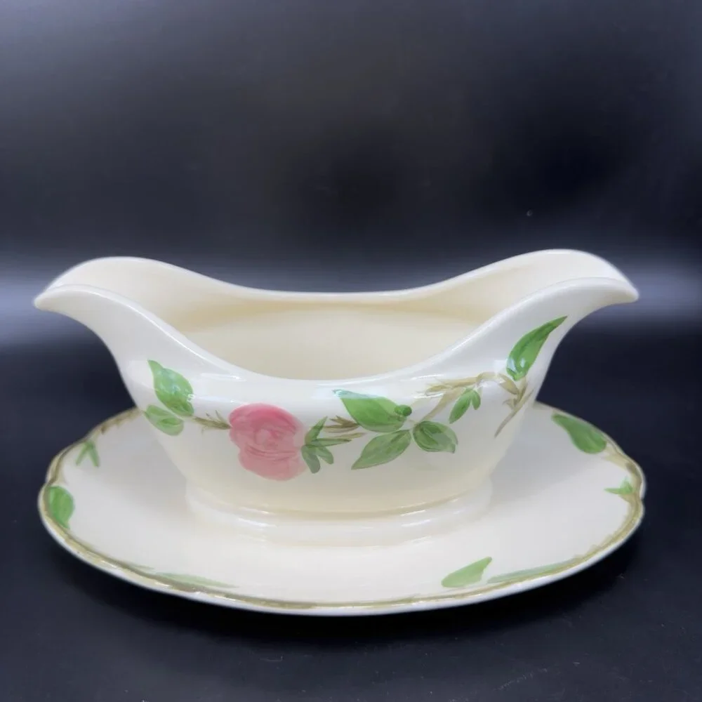 Franciscan Pottery Desert Rose Gravy Boat Attached Plate Dish‎ Salsa Bowl Marked